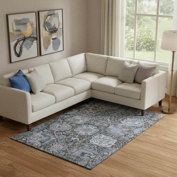 HomeRoots 9' X 12' Elegant Denim Blue Gray Silver Damask Area Rug - Washable, UV Protected, Durable Design 692963