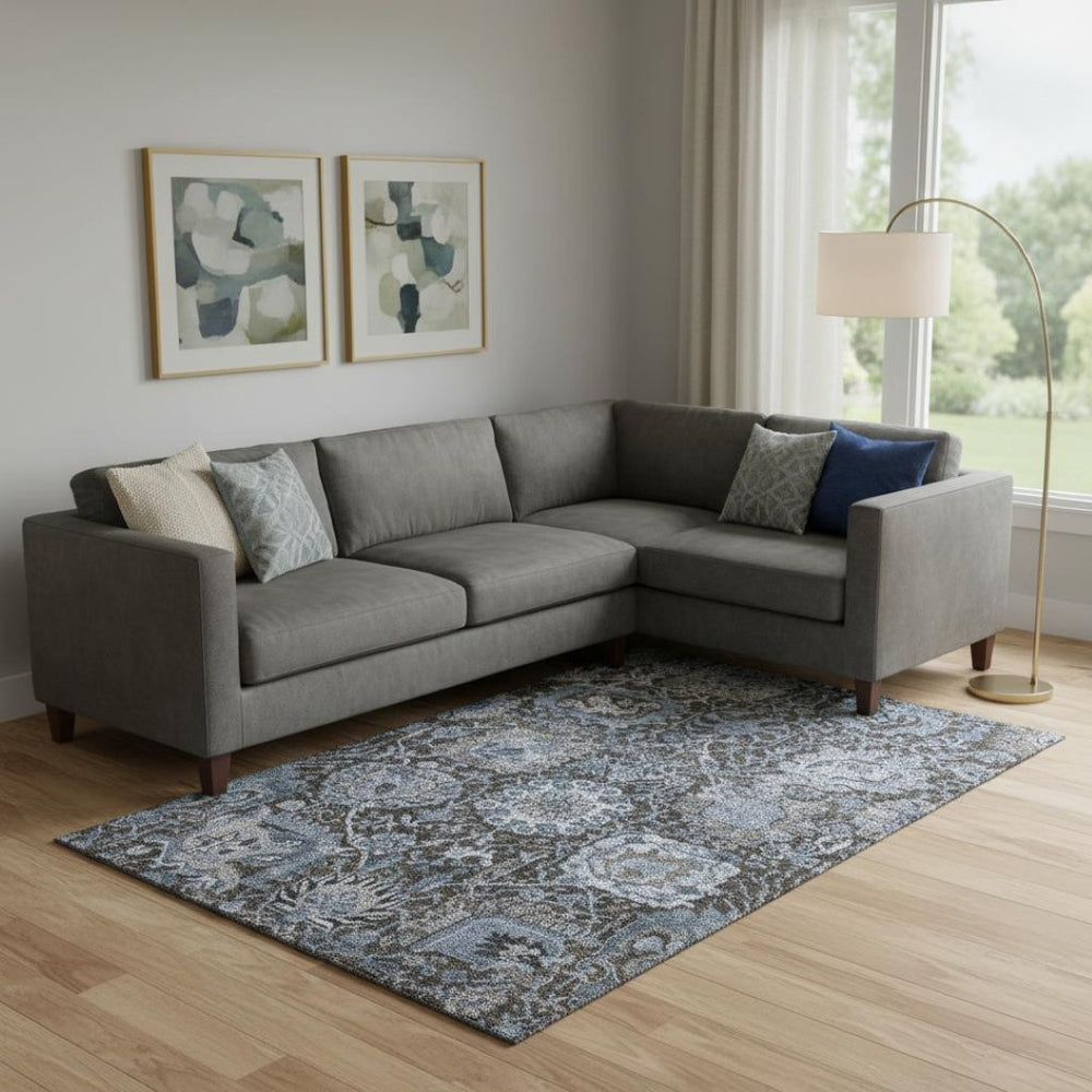HomeRoots 10' Stylish Denim Blue Gray Silver Damask Area Rug - Washable, UV Protected, Non-Slip Design! 692964