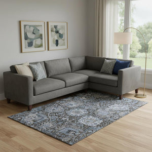 HomeRoots 10' Stylish Denim Blue Gray Silver Damask Area Rug - Washable, UV Protected, Non-Slip Design! 692964