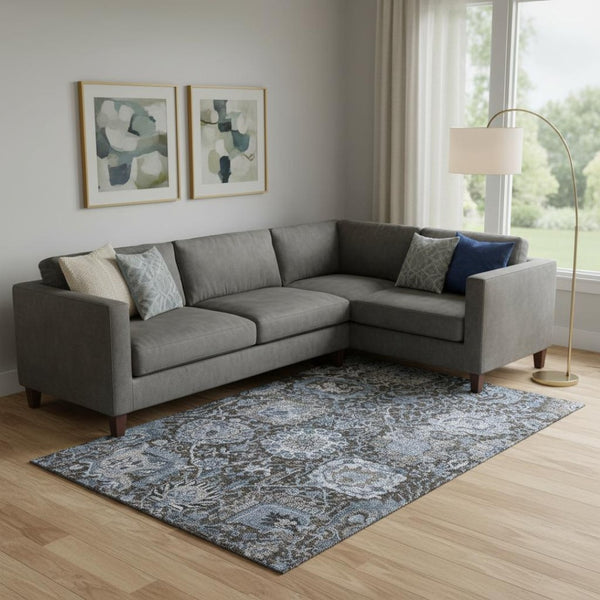 HomeRoots 10' Stylish Denim Blue Gray Silver Damask Area Rug - Washable, UV Protected, Non-Slip Design! 692964