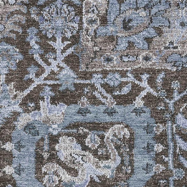 HomeRoots 10' Stylish Denim Blue Gray Silver Damask Area Rug - Washable, UV Protected, Non-Slip Design! 692964