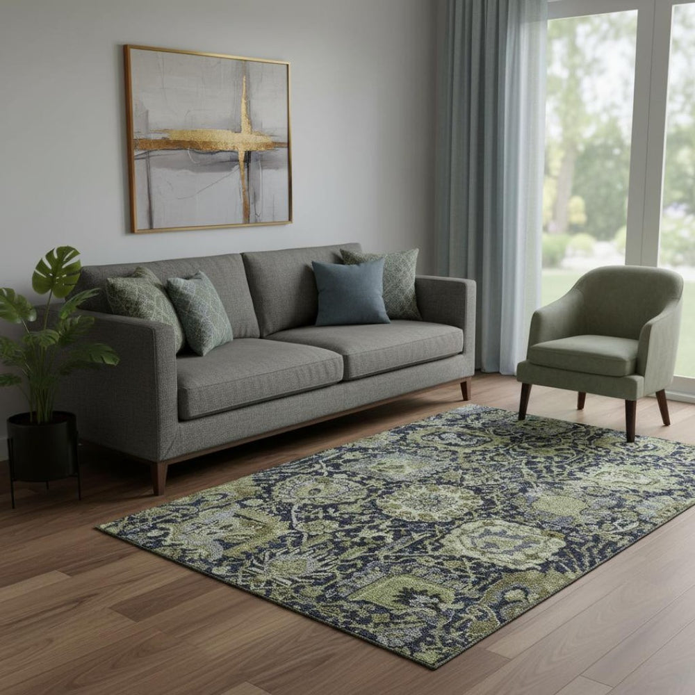 HomeRoots 5' X 8' Washable Damask Area Rug in Fern Green, Navy Blue & Ivory - Durable, UV Protected Elegance! 692966