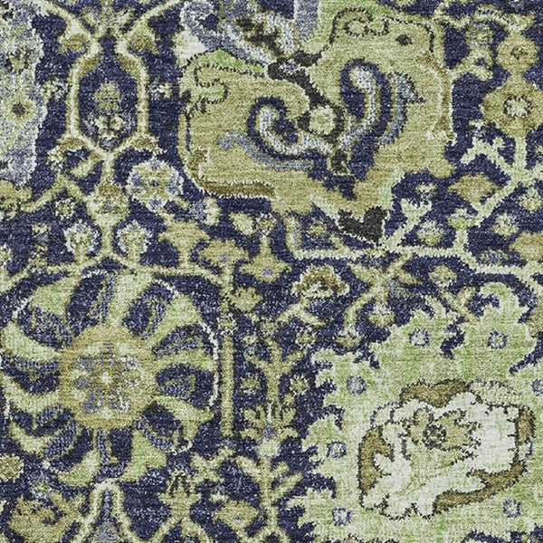HomeRoots 5' X 8' Washable Damask Area Rug in Fern Green, Navy Blue & Ivory - Durable, UV Protected Elegance! 692966