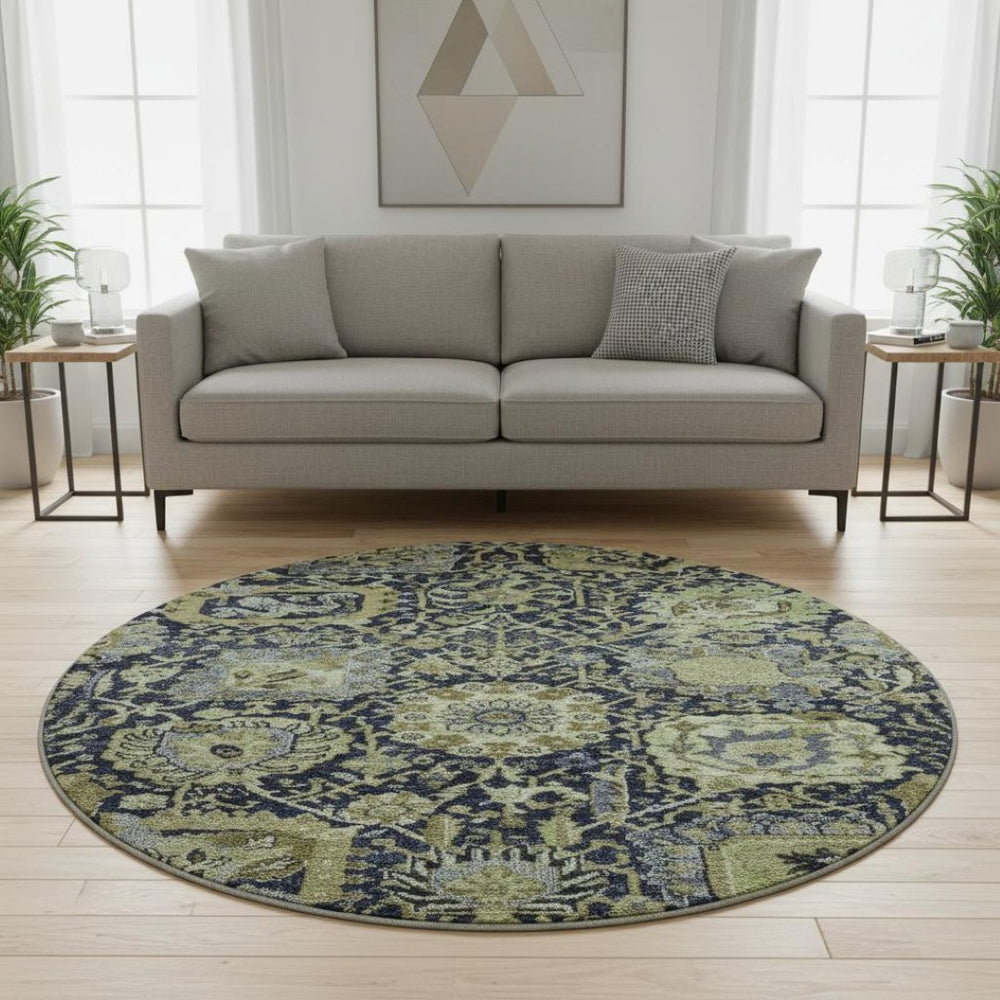 HomeRoots 8' X 8' Classic Damask Washable Round Rug in Fern Green, Navy Blue & Ivory with UV Protection 692967