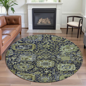 HomeRoots 8' X 8' Classic Damask Washable Round Rug in Fern Green, Navy Blue & Ivory with UV Protection 692967
