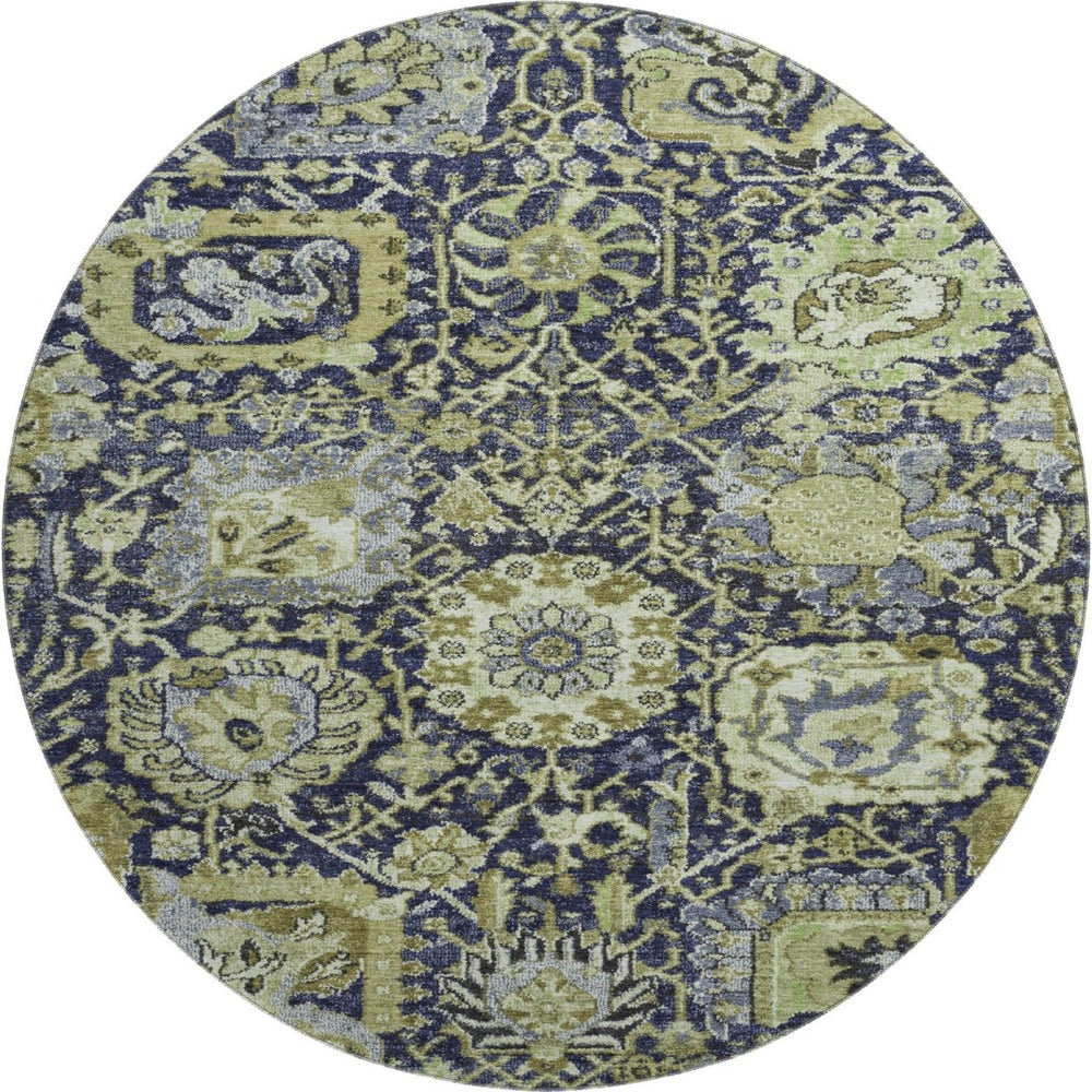HomeRoots 8' X 8' Classic Damask Washable Round Rug in Fern Green, Navy Blue & Ivory with UV Protection 692967