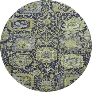 HomeRoots 8' X 8' Classic Damask Washable Round Rug in Fern Green, Navy Blue & Ivory with UV Protection 692967