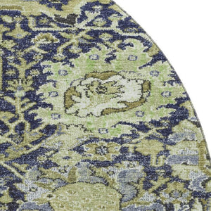 HomeRoots 8' X 8' Classic Damask Washable Round Rug in Fern Green, Navy Blue & Ivory with UV Protection 692967