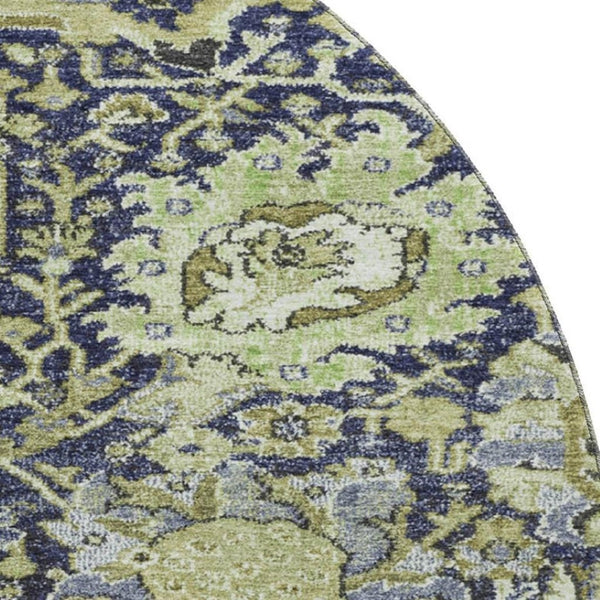 HomeRoots 8' X 8' Classic Damask Washable Round Rug in Fern Green, Navy Blue & Ivory with UV Protection 692967