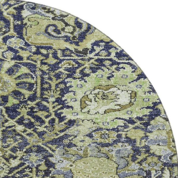 HomeRoots 8' X 8' Classic Damask Washable Round Rug in Fern Green, Navy Blue & Ivory with UV Protection 692967
