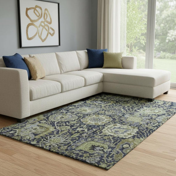 HomeRoots 8' Washable Fern Green, Navy Blue & Ivory Damask Area Rug – Durable, Stain Resistant & UV Protected 692968