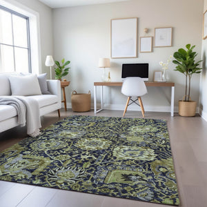 HomeRoots 8' Washable Fern Green, Navy Blue & Ivory Damask Area Rug – Durable, Stain Resistant & UV Protected 692968