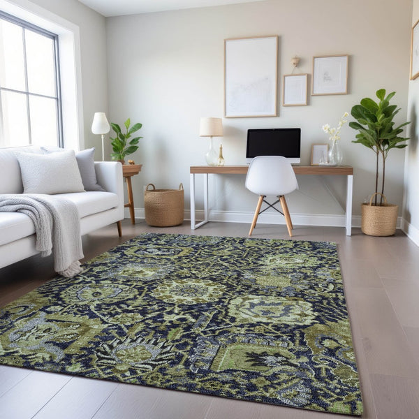HomeRoots 8' Washable Fern Green, Navy Blue & Ivory Damask Area Rug – Durable, Stain Resistant & UV Protected 692968