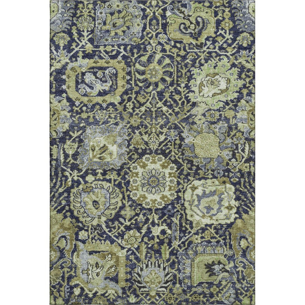 HomeRoots 8' Washable Fern Green, Navy Blue & Ivory Damask Area Rug – Durable, Stain Resistant & UV Protected 692968