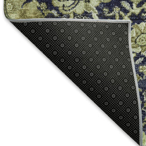 HomeRoots 8' Washable Fern Green, Navy Blue & Ivory Damask Area Rug – Durable, Stain Resistant & UV Protected 692968