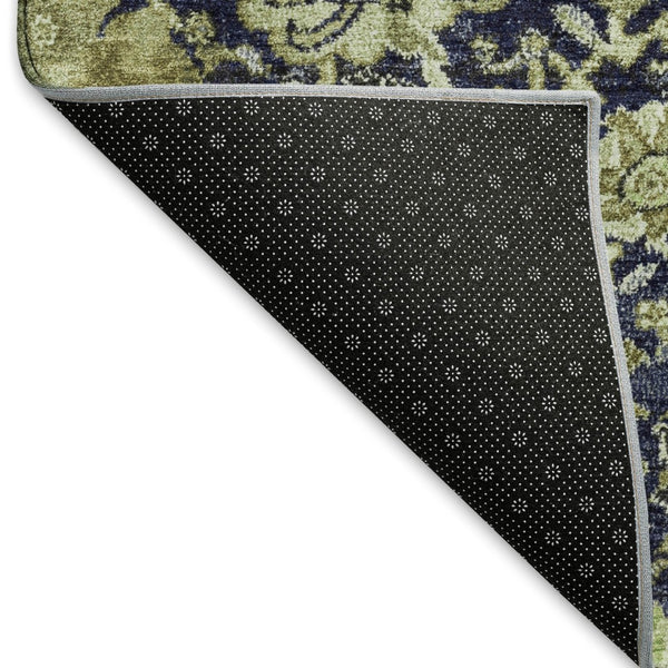 HomeRoots 8' Washable Fern Green, Navy Blue & Ivory Damask Area Rug – Durable, Stain Resistant & UV Protected 692968