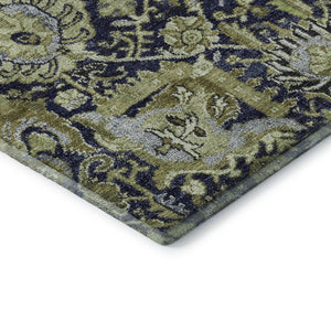 HomeRoots 8' Washable Fern Green, Navy Blue & Ivory Damask Area Rug – Durable, Stain Resistant & UV Protected 692968