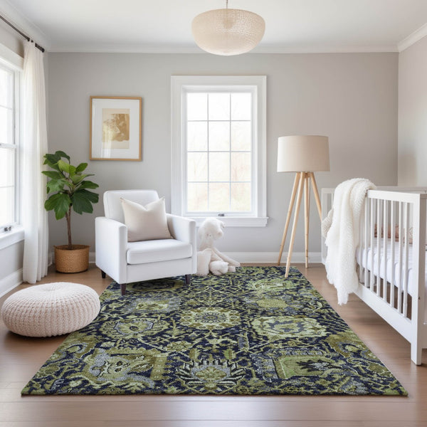 HomeRoots 8' Washable Fern Green, Navy Blue & Ivory Damask Area Rug – Durable, Stain Resistant & UV Protected 692968