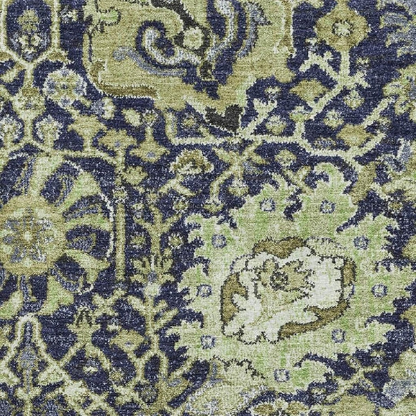 HomeRoots 8' Washable Fern Green, Navy Blue & Ivory Damask Area Rug – Durable, Stain Resistant & UV Protected 692968