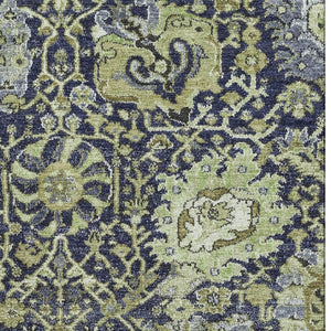 HomeRoots 8' Washable Fern Green, Navy Blue & Ivory Damask Area Rug – Durable, Stain Resistant & UV Protected 692968