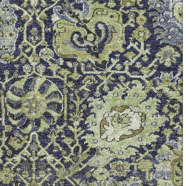 HomeRoots 8' Washable Fern Green, Navy Blue & Ivory Damask Area Rug – Durable, Stain Resistant & UV Protected 692968