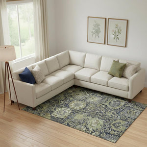 HomeRoots 9' X 12' Timeless Fern Green & Navy Blue Damask Area Rug - Washable, UV Protected, Durable Design 692969