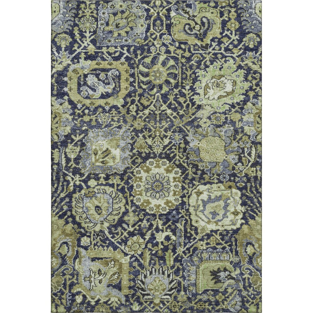 HomeRoots 9' X 12' Timeless Fern Green & Navy Blue Damask Area Rug - Washable, UV Protected, Durable Design 692969