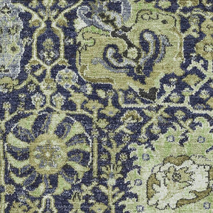 HomeRoots 9' X 12' Timeless Fern Green & Navy Blue Damask Area Rug - Washable, UV Protected, Durable Design 692969