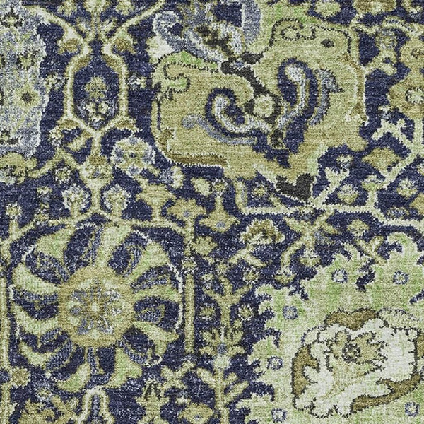 HomeRoots 9' X 12' Timeless Fern Green & Navy Blue Damask Area Rug - Washable, UV Protected, Durable Design 692969