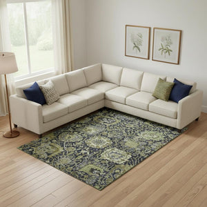 HomeRoots 10' X 14' Fern Green Navy Blue Ivory Damask Area Rug - Washable, Stain-Resistant, UV Protected Essential! 692970