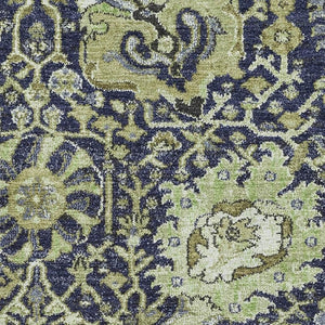 HomeRoots 10' X 14' Fern Green Navy Blue Ivory Damask Area Rug - Washable, Stain-Resistant, UV Protected Essential! 692970