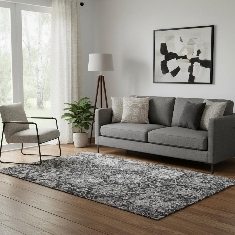 HomeRoots 5' X 8' Gray Silver Charcoal Damask Area Rug – Stylish, Washable, UV-Protected & Stain-Resistant! 692972