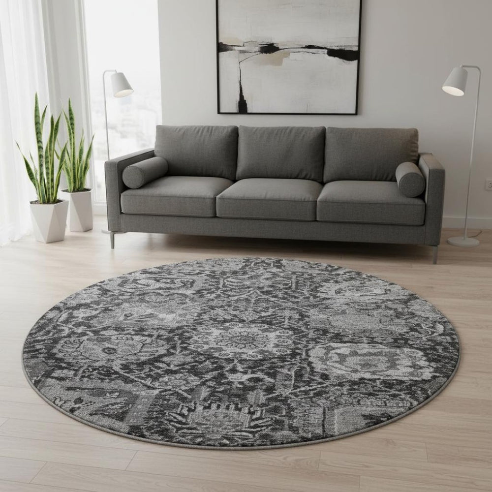 HomeRoots 8' Gray-Silver Charcoal Damask Round Rug - Washable, Stain-Resistant, UV Protected for Family Spaces 692973