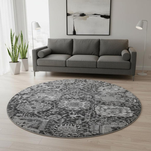 HomeRoots 8' Gray-Silver Charcoal Damask Round Rug - Washable, Stain-Resistant, UV Protected for Family Spaces 692973
