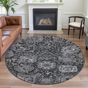 HomeRoots 8' Gray-Silver Charcoal Damask Round Rug - Washable, Stain-Resistant, UV Protected for Family Spaces 692973
