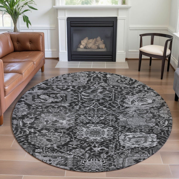 HomeRoots 8' Gray-Silver Charcoal Damask Round Rug - Washable, Stain-Resistant, UV Protected for Family Spaces 692973