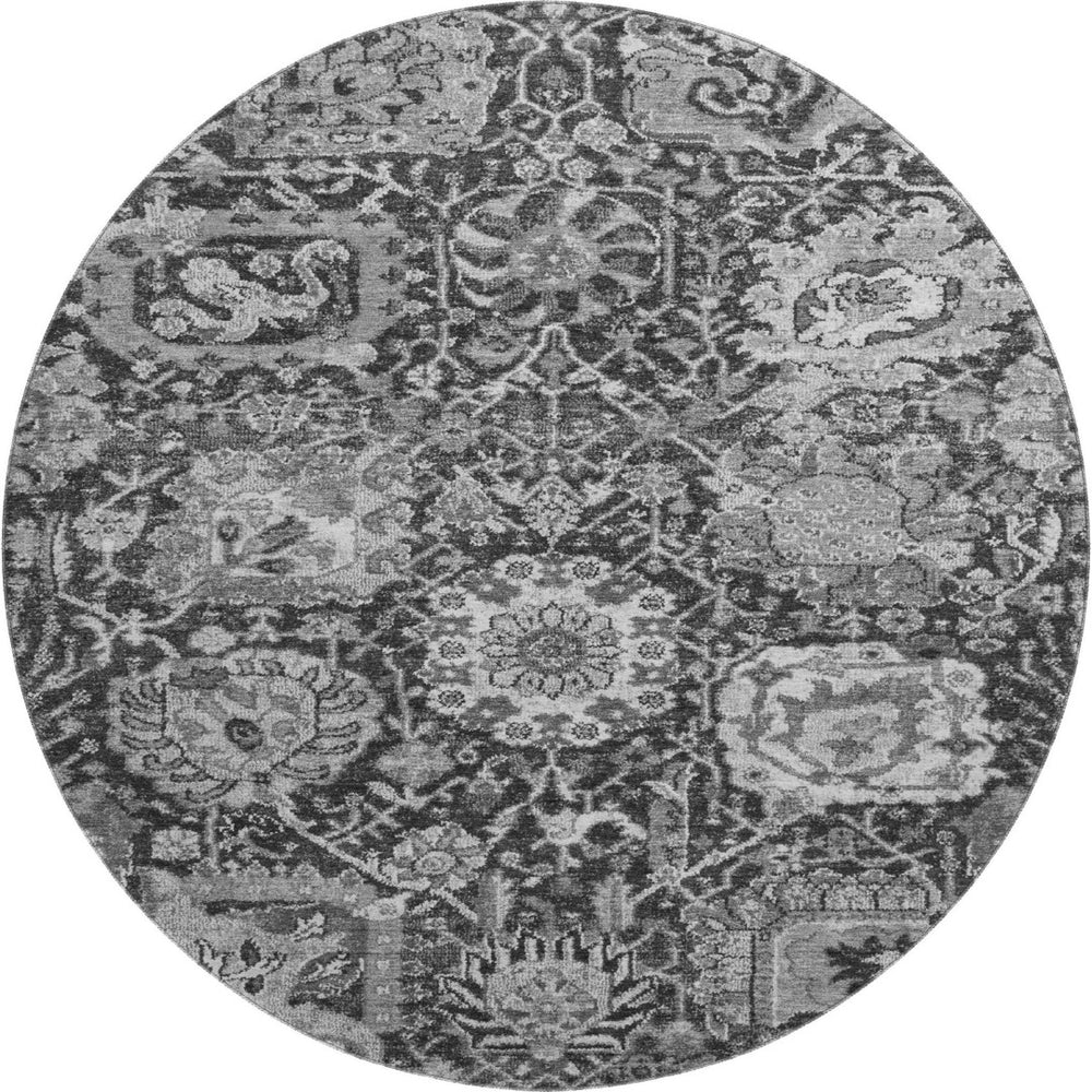 HomeRoots 8' Gray-Silver Charcoal Damask Round Rug - Washable, Stain-Resistant, UV Protected for Family Spaces 692973