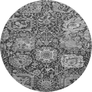HomeRoots 8' Gray-Silver Charcoal Damask Round Rug - Washable, Stain-Resistant, UV Protected for Family Spaces 692973