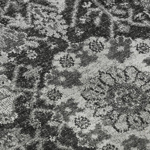 HomeRoots 8' Gray-Silver Charcoal Damask Round Rug - Washable, Stain-Resistant, UV Protected for Family Spaces 692973