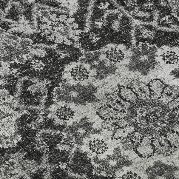 HomeRoots 8' Gray-Silver Charcoal Damask Round Rug - Washable, Stain-Resistant, UV Protected for Family Spaces 692973
