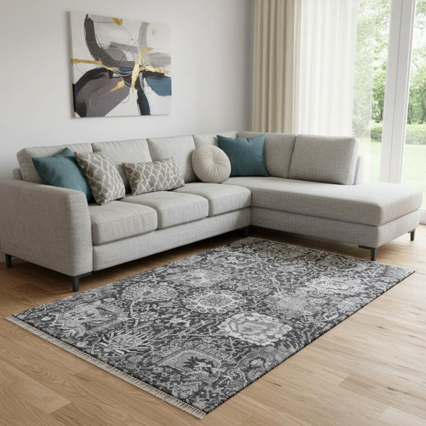 HomeRoots 8' Elegant Gray Silver Charcoal Damask Washable Area Rug – Stain Resistant, UV Protected, Stylish! 692974