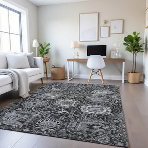 HomeRoots 8' Elegant Gray Silver Charcoal Damask Washable Area Rug – Stain Resistant, UV Protected, Stylish! 692974