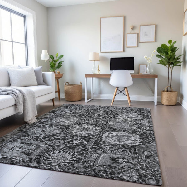 HomeRoots 8' Elegant Gray Silver Charcoal Damask Washable Area Rug – Stain Resistant, UV Protected, Stylish! 692974