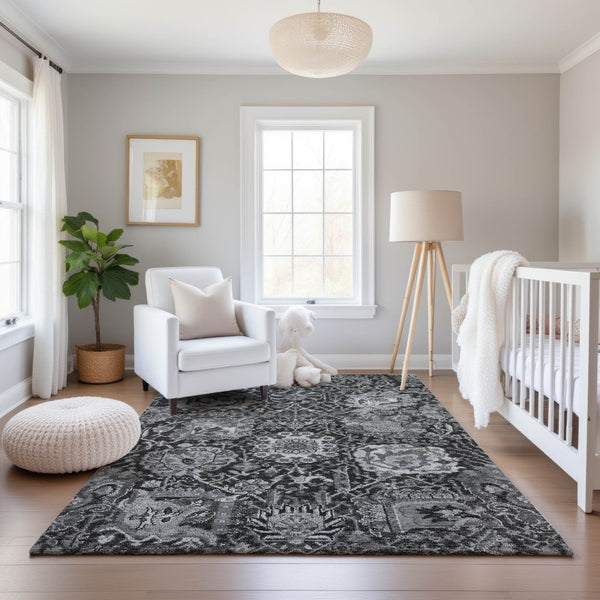 HomeRoots 8' Elegant Gray Silver Charcoal Damask Washable Area Rug – Stain Resistant, UV Protected, Stylish! 692974