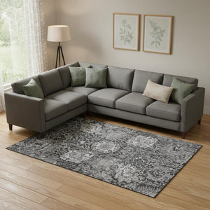 HomeRoots 9' X 12' Gray Silver Charcoal Damask Area Rug - Stain Resistant, UV Protected, Family-Friendly Design 692975