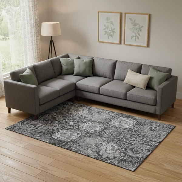 HomeRoots 9' X 12' Gray Silver Charcoal Damask Area Rug - Stain Resistant, UV Protected, Family-Friendly Design 692975