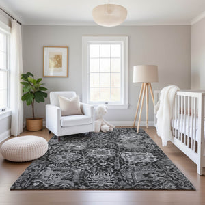 HomeRoots 9' X 12' Gray Silver Charcoal Damask Area Rug - Stain Resistant, UV Protected, Family-Friendly Design 692975