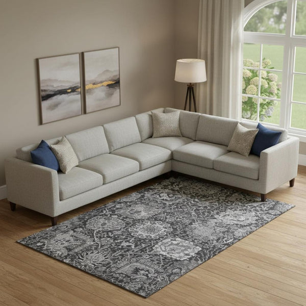 HomeRoots 10' X 14' Stylish Gray Silver Damask Area Rug - Washable, UV Protected, Perfect for High-Traffic Homes 692976