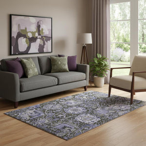 HomeRoots 5' Elegant Purple Gray Silver Damask Area Rug - Washable, Stain-Resistant, UV Protected & Durable 692978