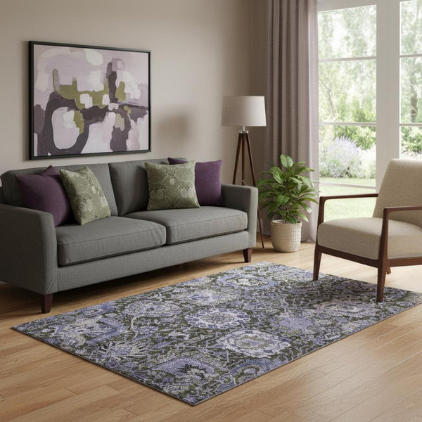 HomeRoots 5' Elegant Purple Gray Silver Damask Area Rug - Washable, Stain-Resistant, UV Protected & Durable 692978